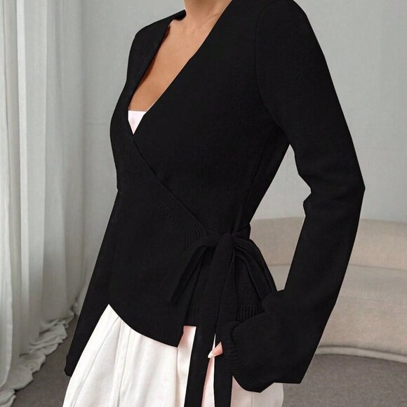 Black Casual Women's Lace-Up Loose Versatile knit Cardigan - Picture 6 of 8